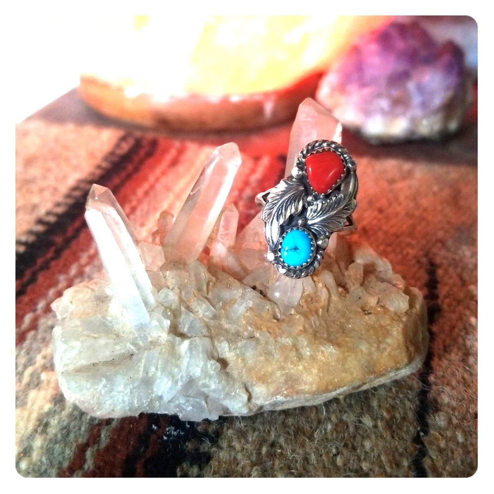 Sterling turquoise and coral Ring